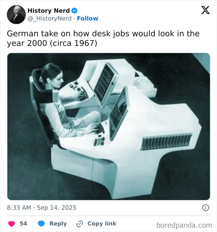 Woman using a futuristic desk setup in 1967, showcasing rare and powerful photos from history's past innovations.