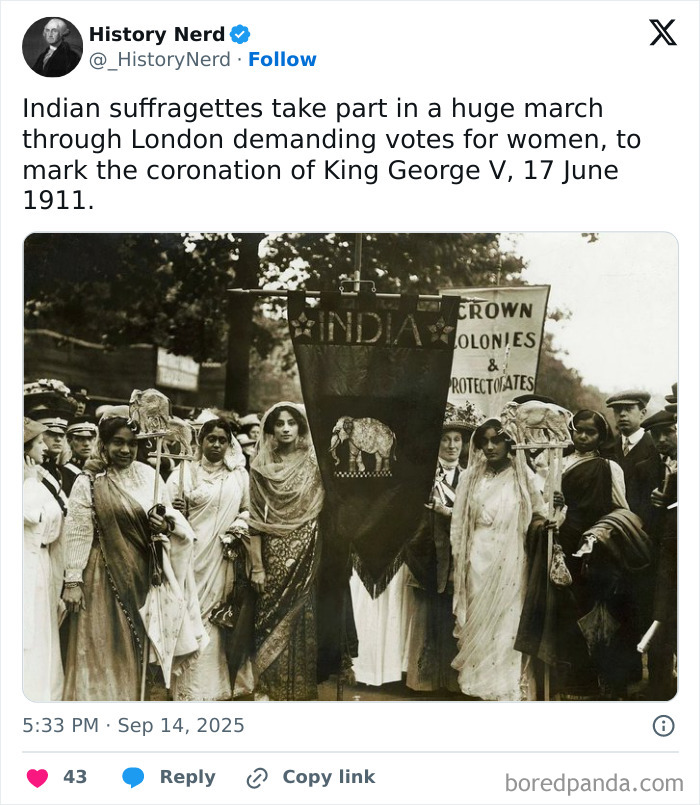Historic photo of Indian suffragettes marching in London demanding women’s votes, highlighting powerful moments in history.