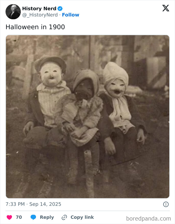 Three children wearing eerie Halloween masks in an old sepia photo showcasing rare and powerful history moments.