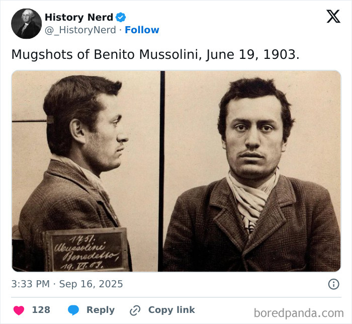 Mugshots of Benito Mussolini in 1903, a rare and powerful photo from history capturing his early years.