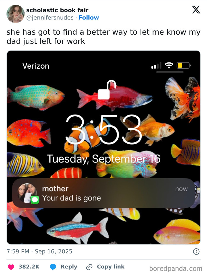 Screenshot of a humorous tweet about work life showing a phone with a text notification about dad leaving for work.