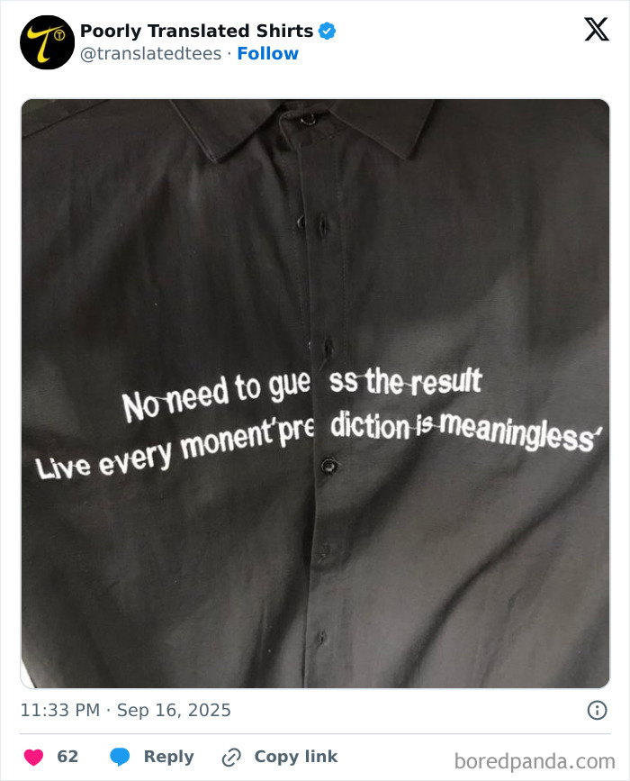 Black shirt with poorly translated English text humorously printed across the front, showcasing funny English t-shirts worldwide.