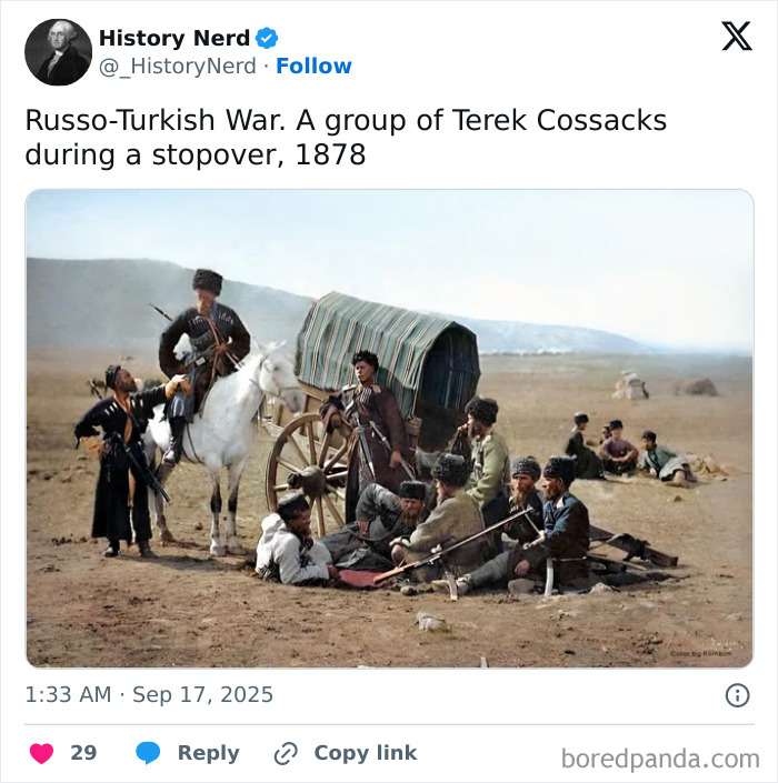 Group of Terek Cossacks resting during Russo-Turkish War stopover in 1878, a rare and powerful history photo.