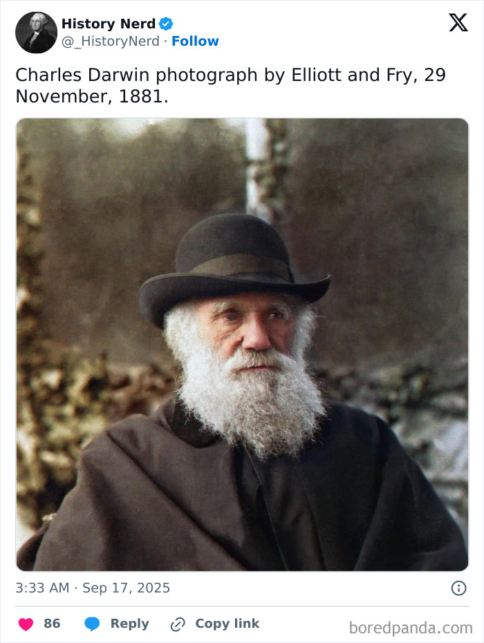 Colorized rare and powerful historical photograph of an elderly man with a white beard and black hat exploring history.