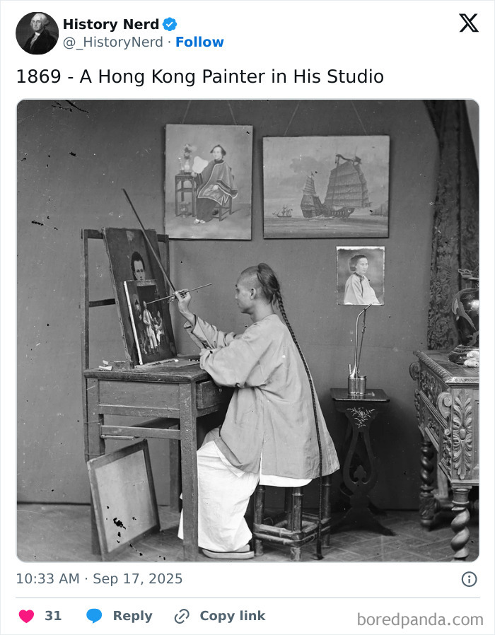 Rare and powerful history photo of a 19th-century Hong Kong painter creating art in his traditional studio.