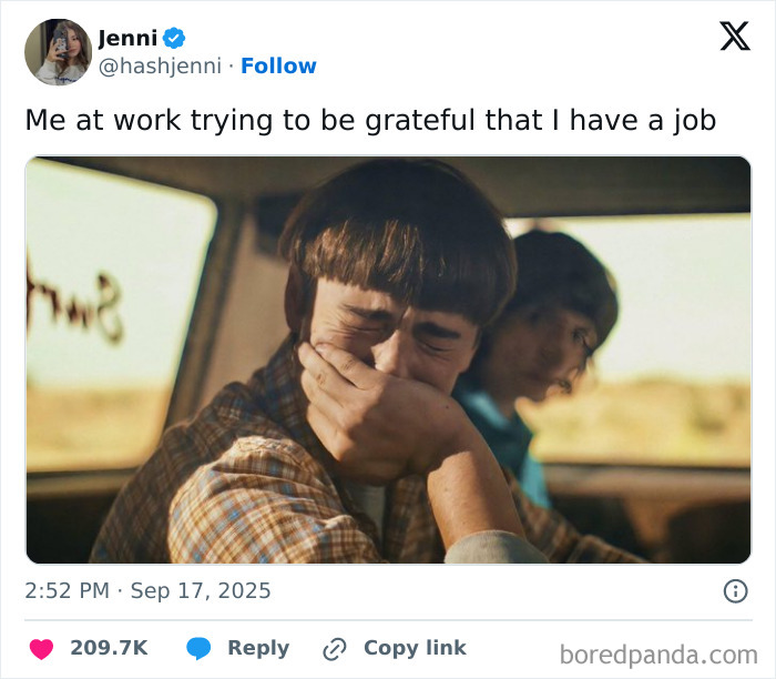 A tweet showing a person struggling emotionally at work, capturing the reality of having a job.