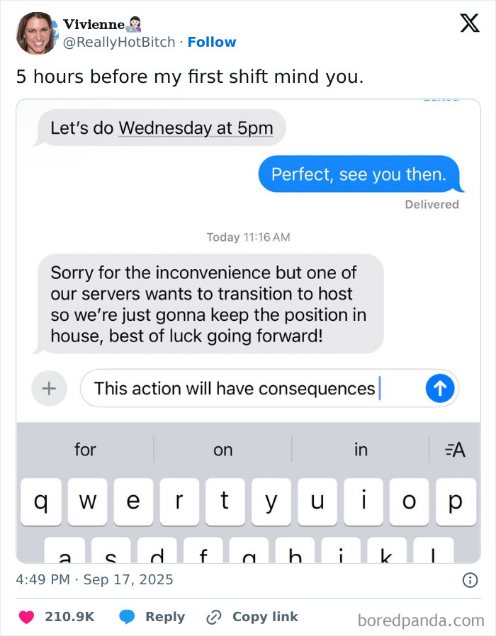 Text message conversation about job shift changes and server promotion, illustrating relatable work experiences in tweets.