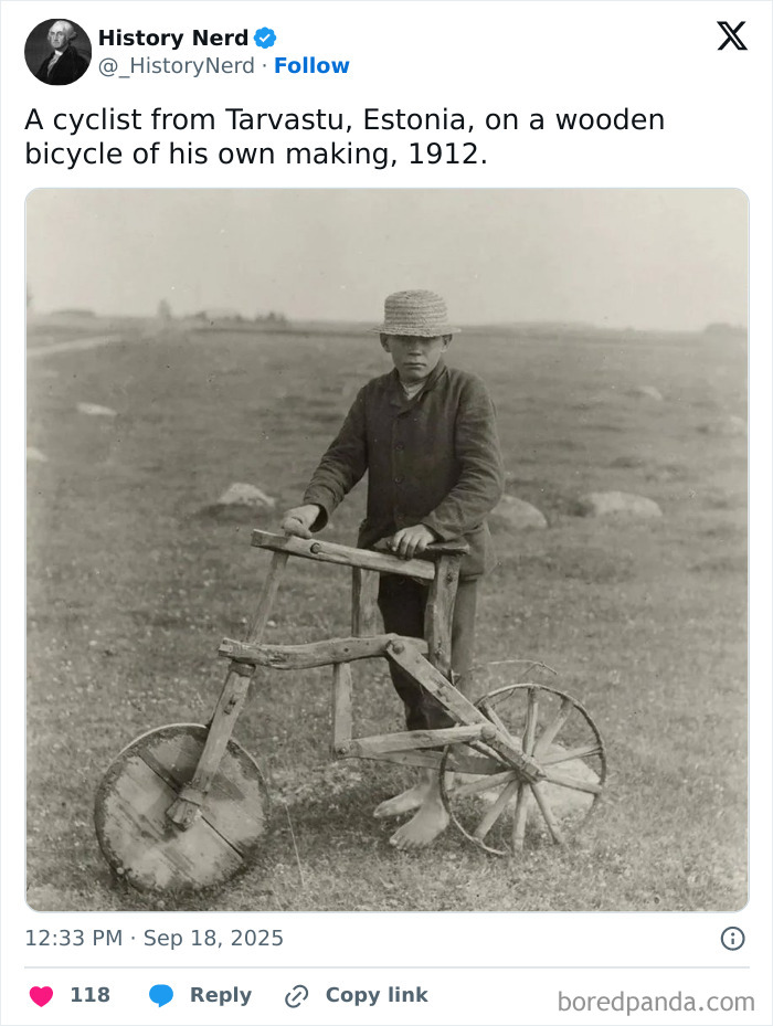Rare and powerful history photo of a boy with a handmade wooden bicycle in Estonia, 1912, exploring history through vintage images.