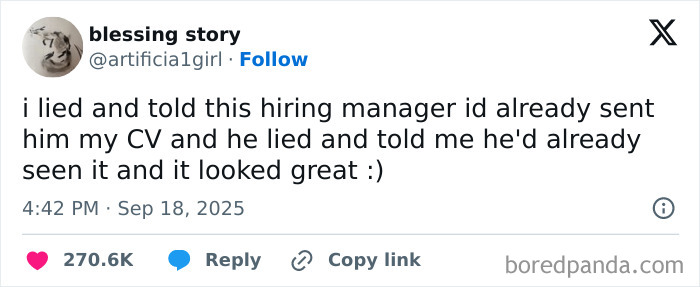 Tweet showing a humorous work experience, illustrating relatable moments about having a job and job applications.