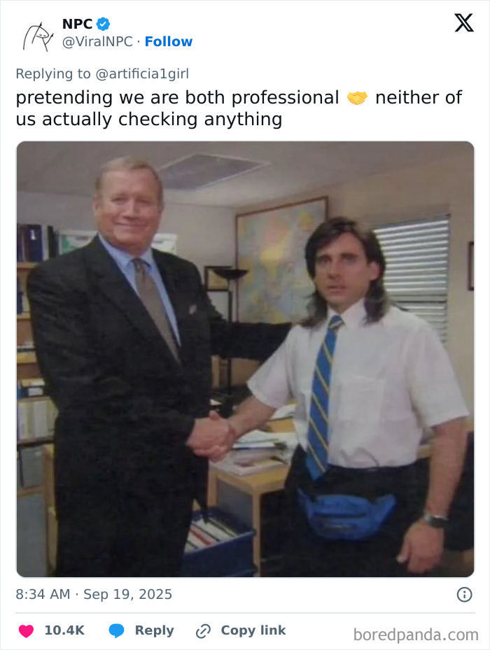 Two men in office attire shaking hands, humorously illustrating the challenges of having a job and workplace professionalism.