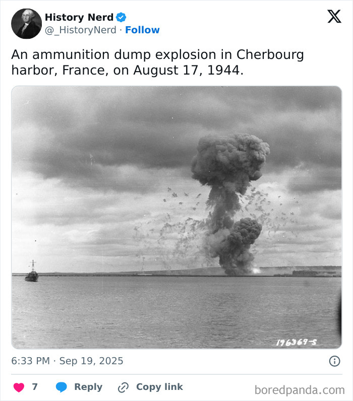 Explosion at an ammunition dump in Cherbourg harbor in 1944, a rare and powerful moment captured in history.