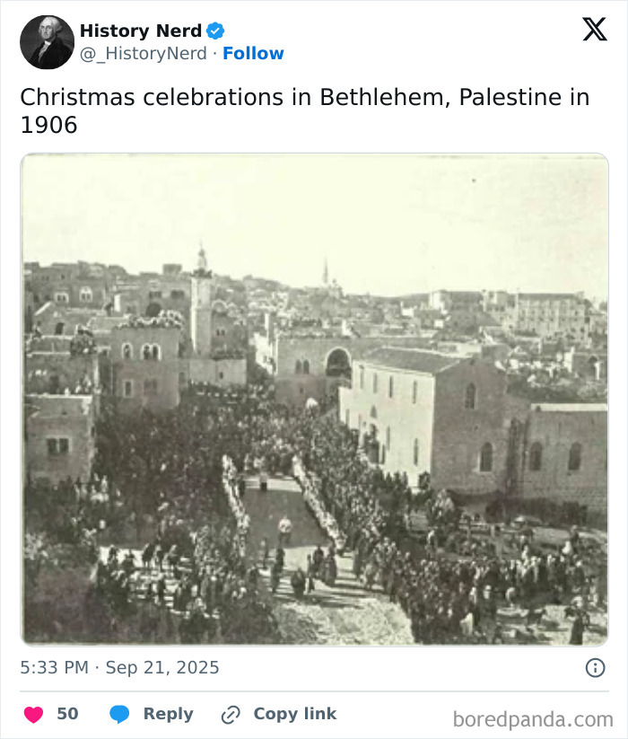 Christmas celebrations in Bethlehem in 1906 with a large crowd gathered in a historic city, showcasing powerful rare history photos.