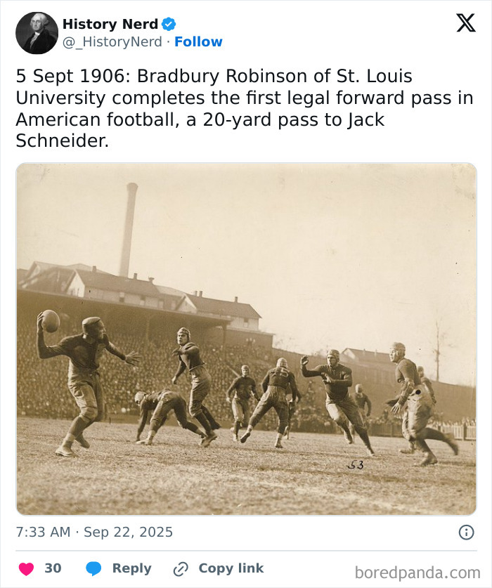 Early 1900s American football game showing the first legal forward pass in a rare history photo from our past.
