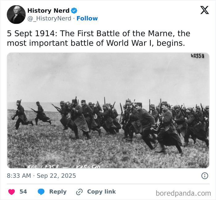 Soldiers charging across a field during the First Battle of the Marne in a rare and powerful history photo.