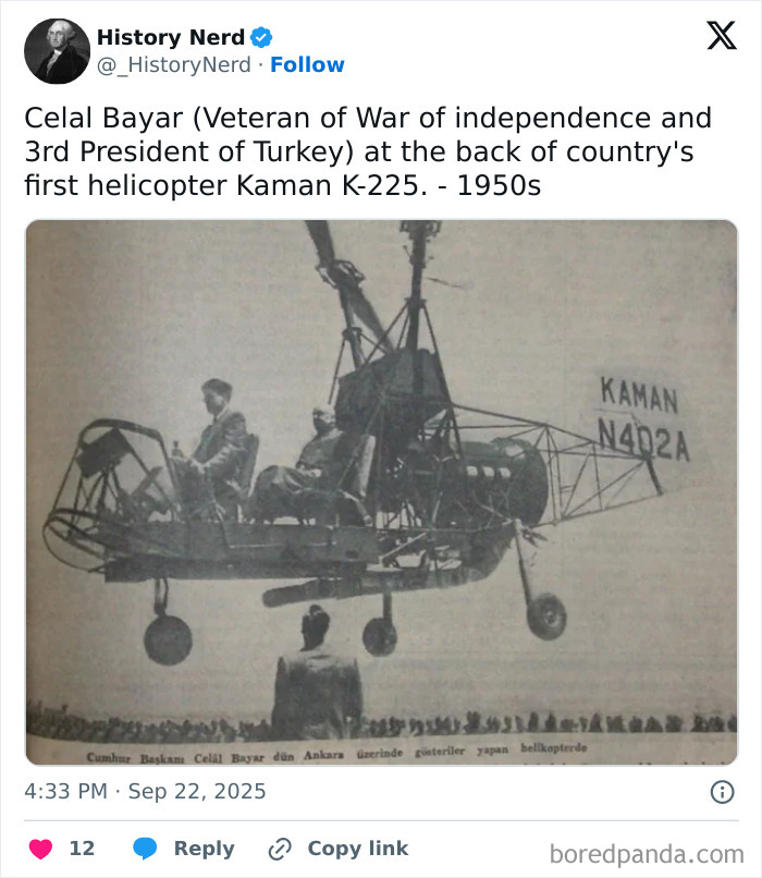 Rare and powerful historic photo of Turkey's first helicopter Kaman K-225 with Celal Bayar aboard in the 1950s.