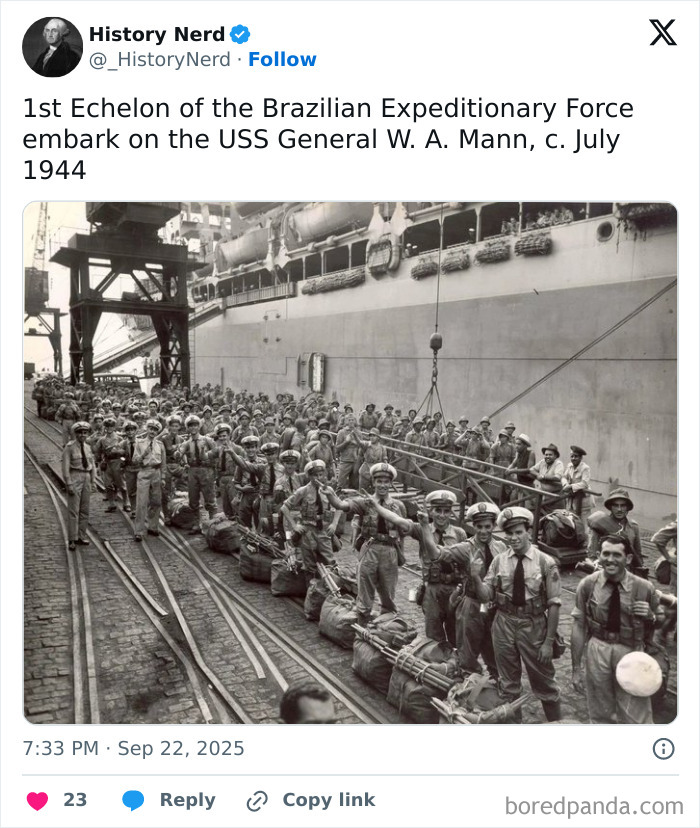 Historic photo showing the Brazilian Expeditionary Force boarding a ship in 1944, part of rare and powerful history moments.