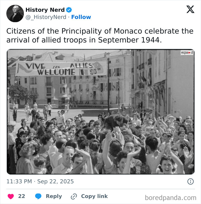 Citizens of Monaco celebrating the arrival of allied troops in September 1944, a rare and powerful history photo.