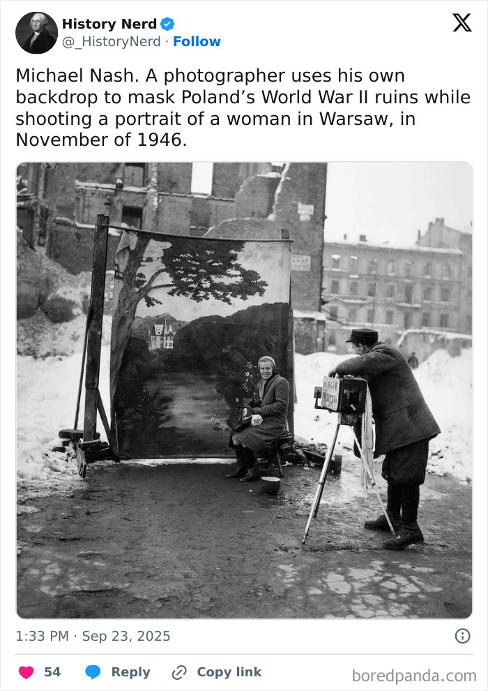 Black and white photo showing a 1946 Warsaw portrait session using a backdrop to hide World War II ruins, exploring history.