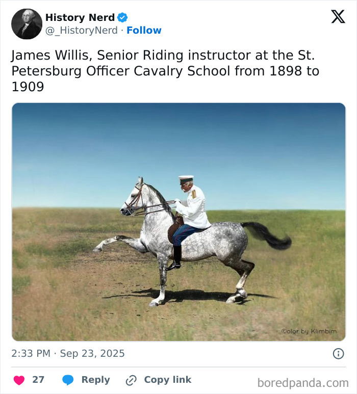 James Willis riding a horse as a senior instructor at St. Petersburg Officer Cavalry School in a rare historical photo.