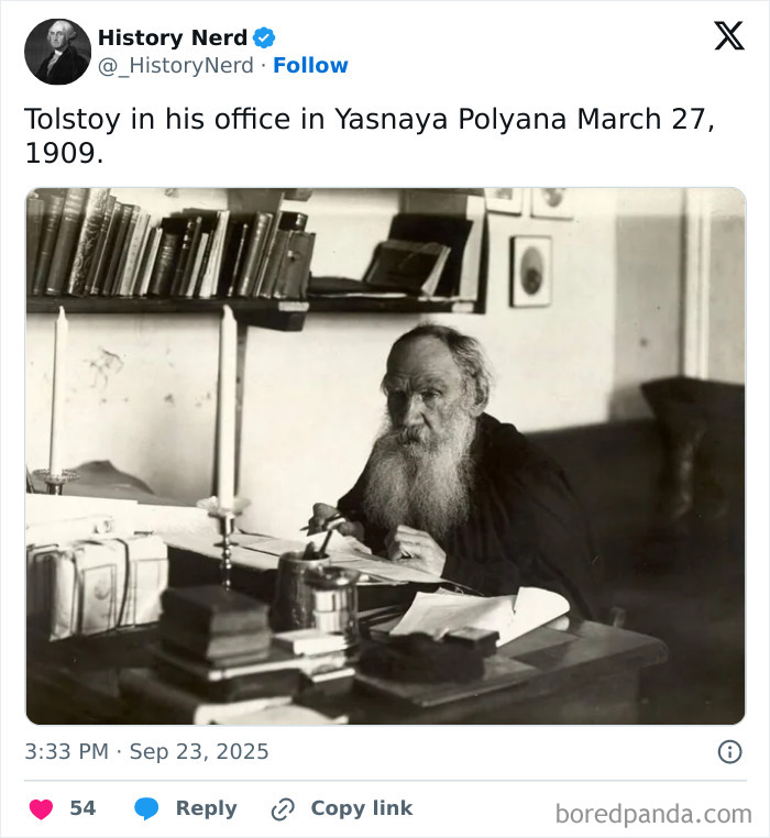 Tolstoy in his office surrounded by books and papers, a rare and powerful photo exploring history from 1909.