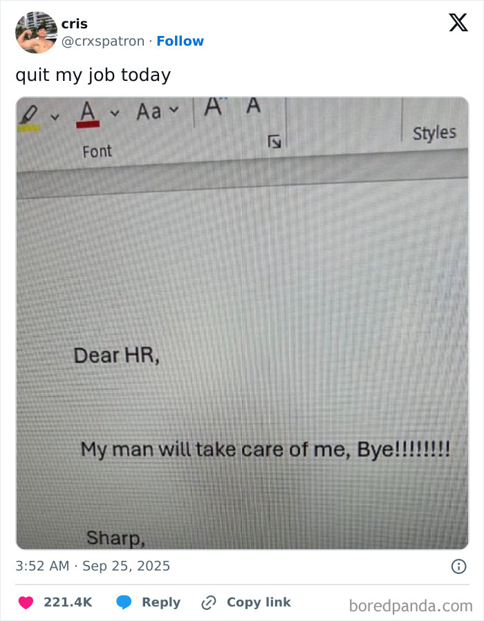 Tweet showing a humorous resignation email, capturing the frustration of having a job, part of 89 tweets about jobs.