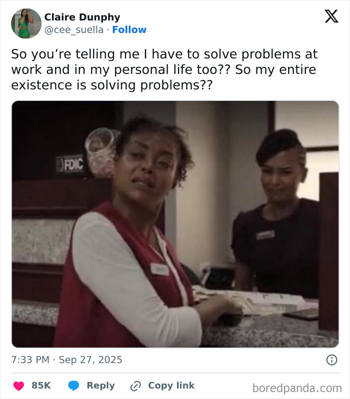 Tweet about the challenges of having a job showing two women at a work counter, one looking confused and the other smiling.