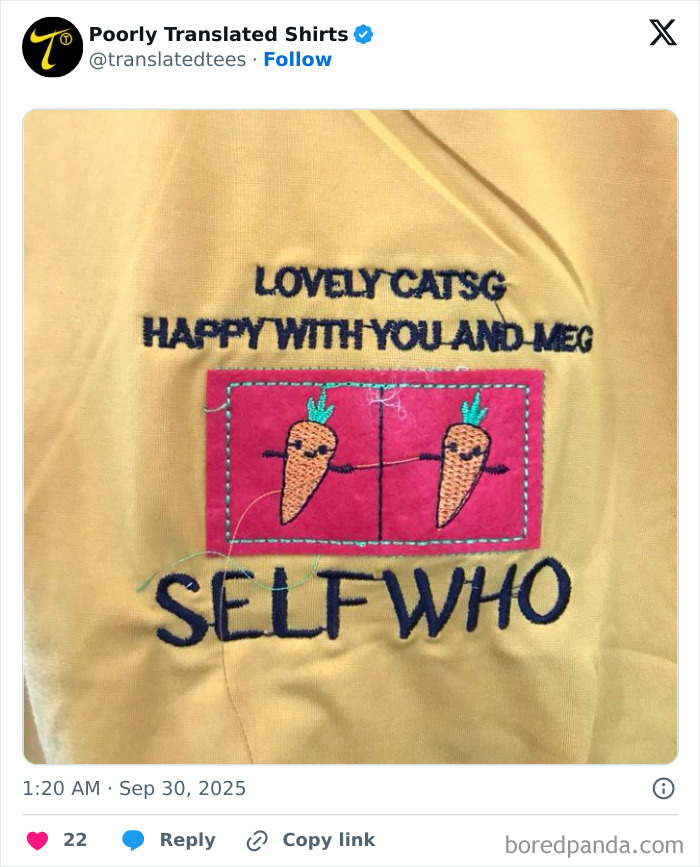 Yellow shirt with poorly translated English text and cartoon carrots, showcasing funny and ridiculous English T-shirts found worldwide.