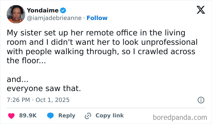 Tweet about setting up a remote office and awkward moments that capture what it’s like having a job.