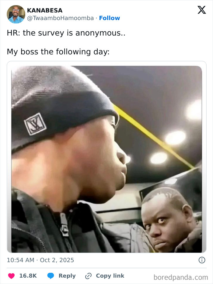 Two men in a tense workplace moment illustrating humor about job surveys and boss reactions, capturing job-related stress.