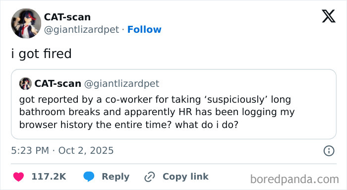 Tweet about getting fired, mentioning long bathroom breaks and HR monitoring browser history, related to having a job.