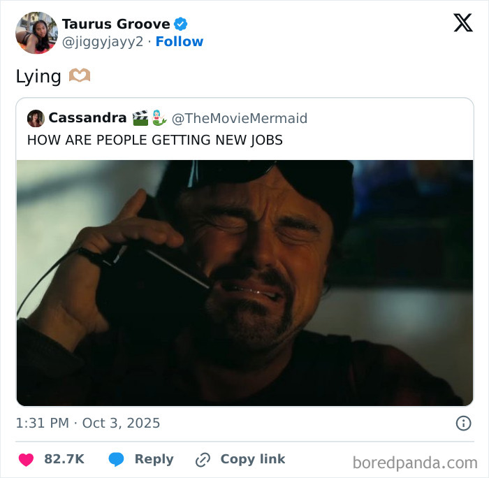 Man crying while holding phone, illustrating relatable feelings about jobs in a popular viral tweet about having a job.