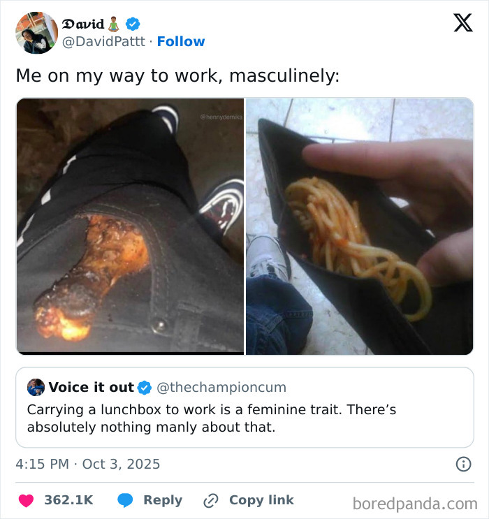 Tweet showing a man with fried chicken in his pants pocket and spaghetti in a wallet, humorously depicting having a job.