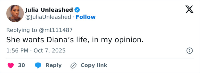 Tweet by Julia Unleashed criticizing Meghan Markle for recreating Princess Diana's photo, sparking controversy online. Tweet by Julia Unleashed criticizing Meghan Markle for recreating Princess Diana's photo, sparking controversy online.