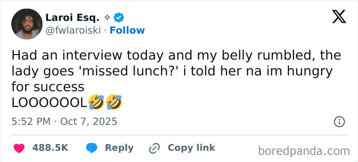 Tweet about job interview hunger and success, highlighting relatable moments in having a job through humorous tweets.