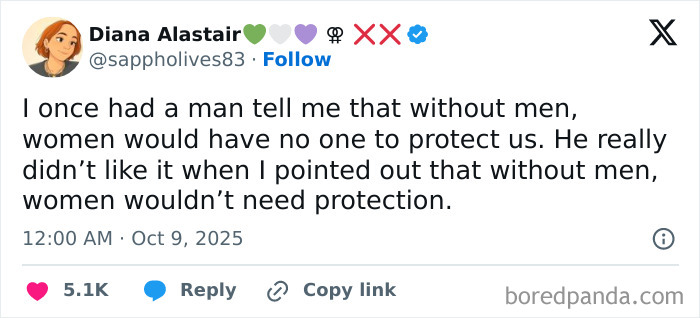 Tweet from Diana Alastair sharing a savage women roast about men and protection in a sharp online comeback.