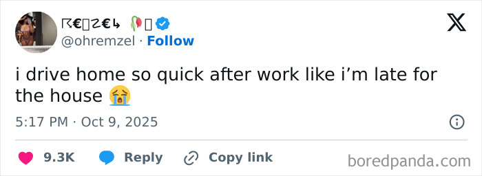Tweet about rushing home quickly after work, capturing a relatable moment on the experience of having a job.