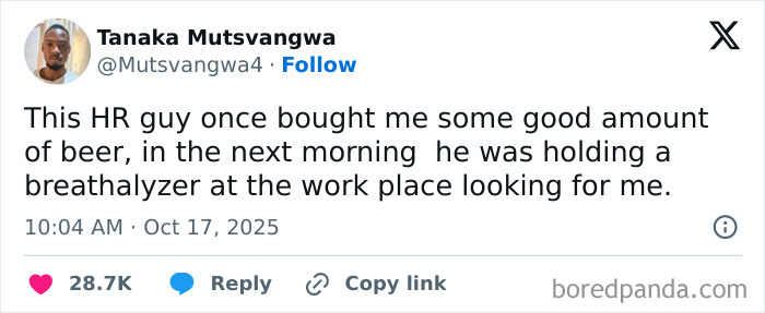 Tweet highlighting a humorous work experience reflecting what it’s like having a job shared by Tanaka Mutsvangwa.