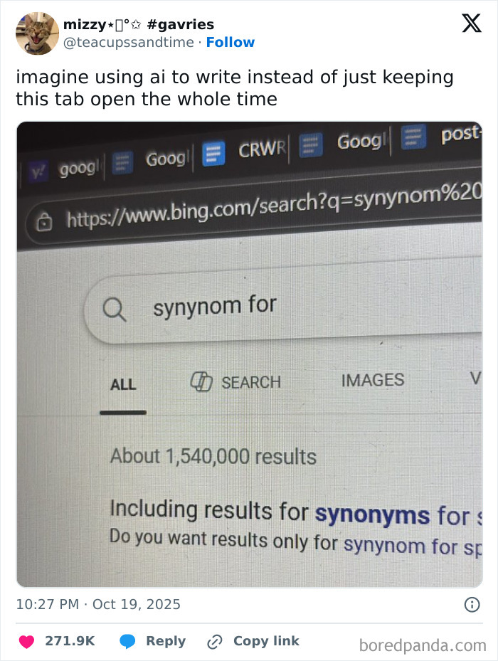 Screenshot of a humorous social media post about using AI to write, related to entertaining posts and memes to fight boredom.
