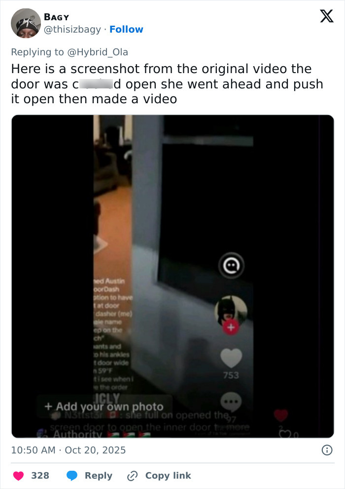 Screenshot of a video showing a door partially open related to DoorDash driver arrested for recording undressed customer. Screenshot of a video showing a door partially open related to DoorDash driver arrested for recording undressed customer.