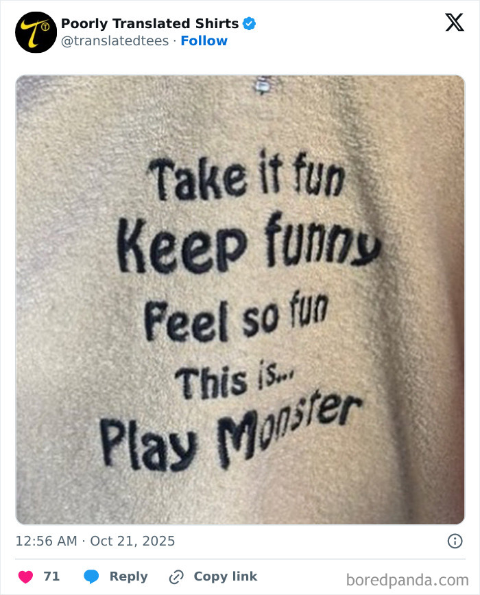 Funny English t-shirt with a humorous and poorly translated phrase displayed on beige fabric.
