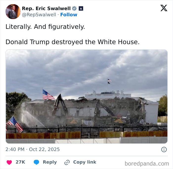 There was an attempt fail pics showing demolition machinery partially destroying a large white building with American flags nearby.