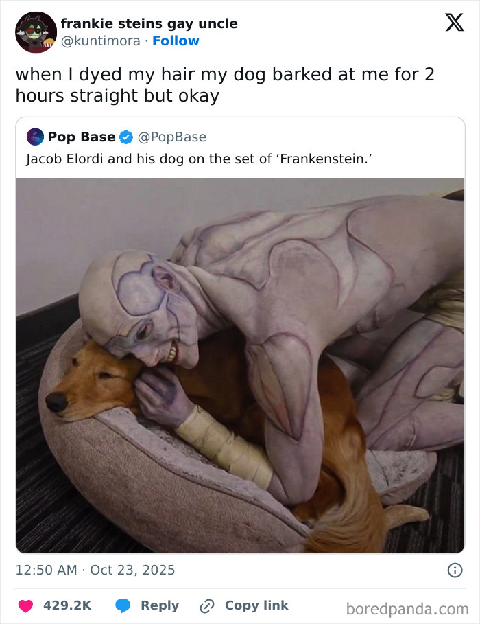 Man in detailed Frankenstein makeup cuddling dog in bed, showcasing entertaining posts and memes to fight boredom and sadness.