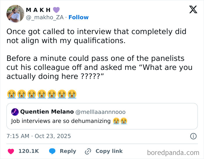 Tweet highlighting a frustrating job interview experience, reflecting common struggles of having a job and job interviews.