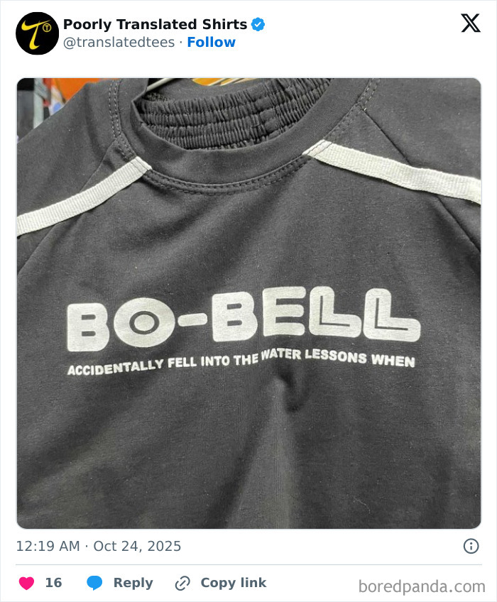 Black T-shirt with poorly translated English text reading Bo-Bell accidentally fell into the water lessons, a funny translation error.
