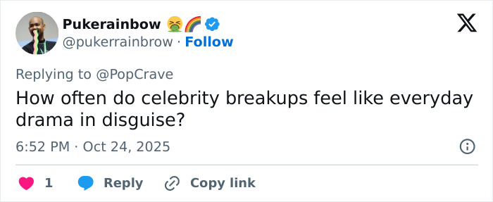 Tweet by user pukerainbow questioning how celebrity breakups feel like everyday drama amid Lily Allen&rsquo;s CFDA fashion look debate.
