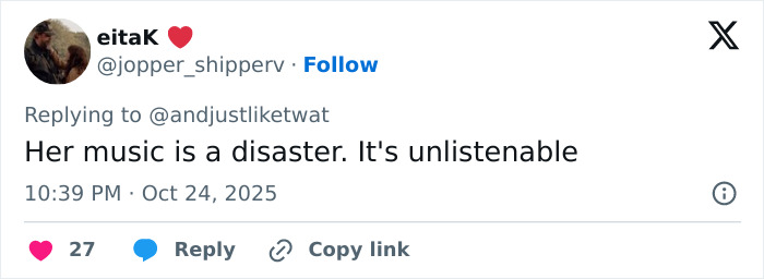 Tweet showing user criticizing Lily Allen&rsquo;s CFDA fashion look as a disaster, sparking online debate amid celebrity drama.