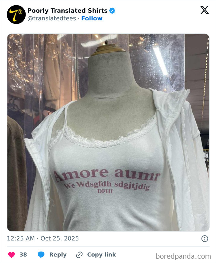 Mannequin wearing a white funny English t-shirt with poorly translated text in a store window display.