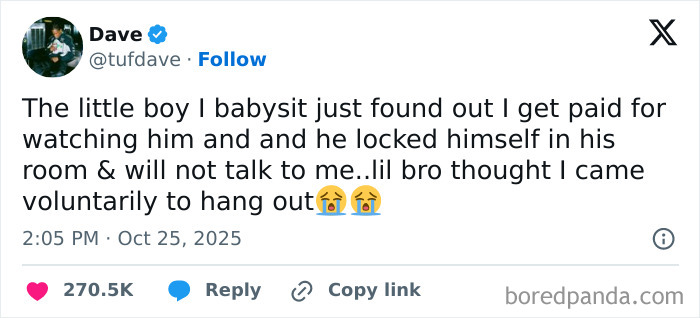 Tweet illustrating an unexpected reaction to being paid for a job, capturing the humor of having a job experience.