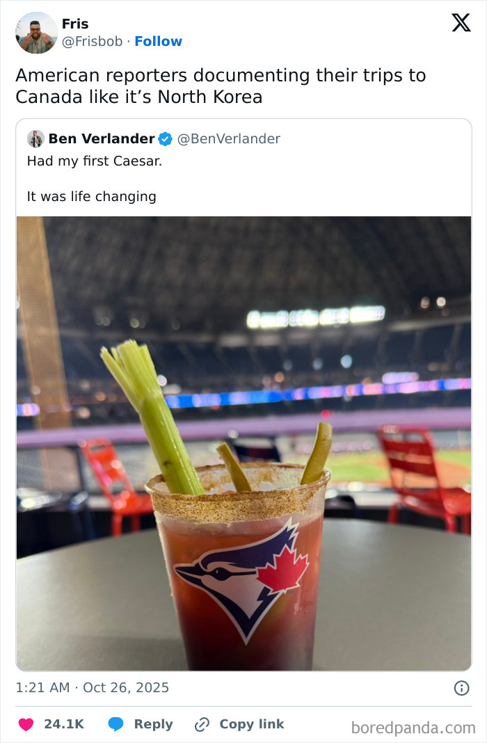 Caesar cocktail with celery at a baseball stadium, capturing a humorous Canada roasted America moment.
