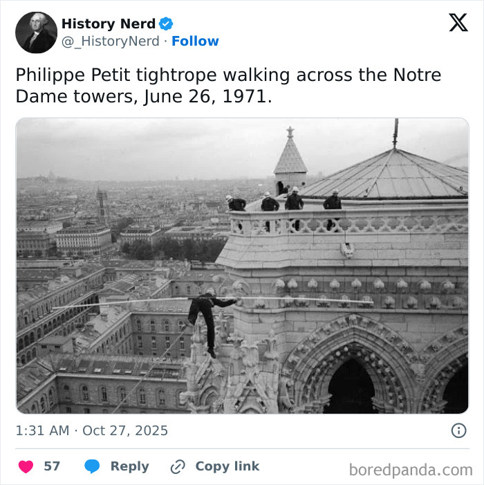 Rare and powerful photo of Philippe Petit tightrope walking between Notre Dame towers, capturing a historic moment in history.